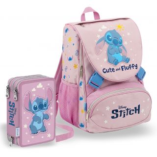 Stitch Cute - School Pack - Zaino Estensibile + Astuccio 3 zip